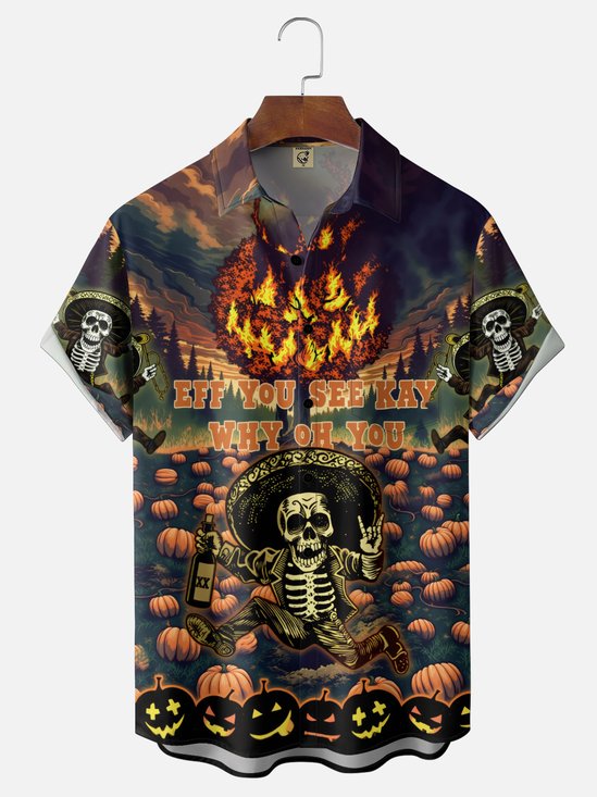 Moisture-Wicking Halloween Pumpkin Ghost Skull Print Chest Pocket Hawaiian Shirt