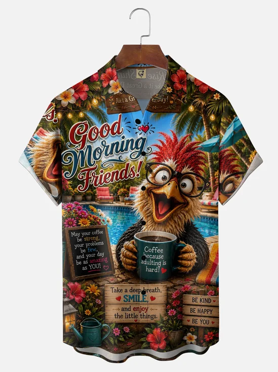 Moisture-Wicking "Good Morning Coffee & Chicken" Slogan Chest Pocket Hawaiian Shirt