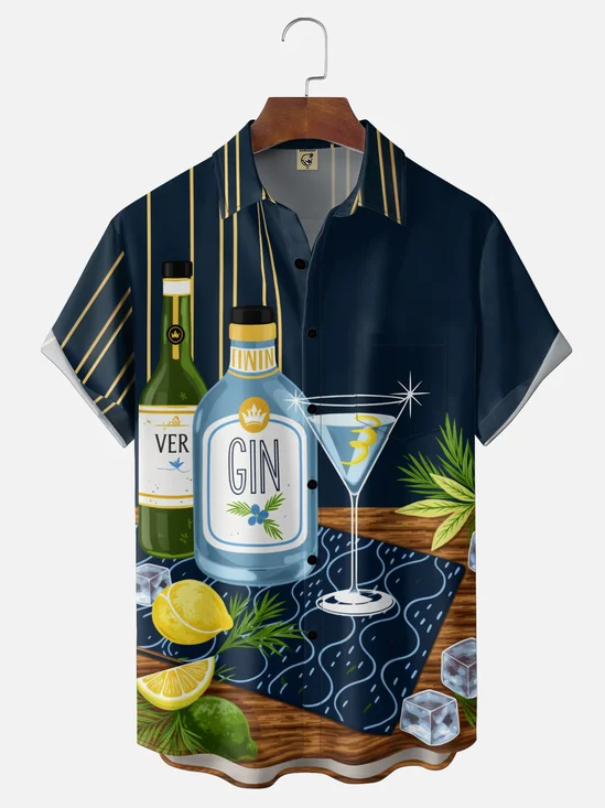 Moisture-Wicking  Geometric Botanical & Tiki Cocktail Chest Pocket Hawaiian Shirt