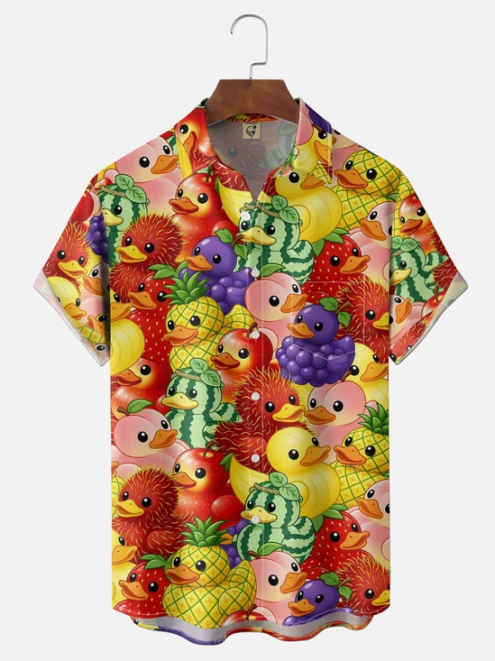 Moisture-Wicking Gradient Fruit & Little Yellow Duck Chest Pocket Hawaiian Shirt
