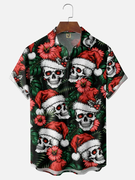 Moisture-Wicking Gradient Christmas Skull Hibiscus Leaf Print Chest Pocket Hawaiian Shirt