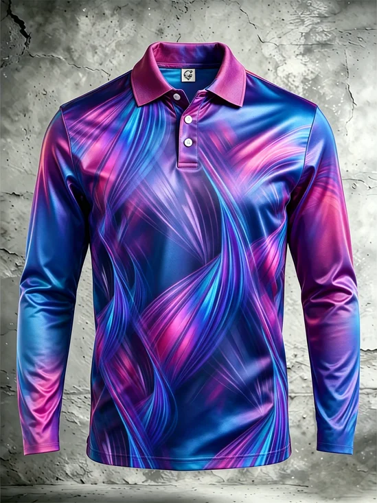 Moisture-Wicking Gradient 3D Abstract Stripe Long-Sleeve Hawaiian Golf Polo