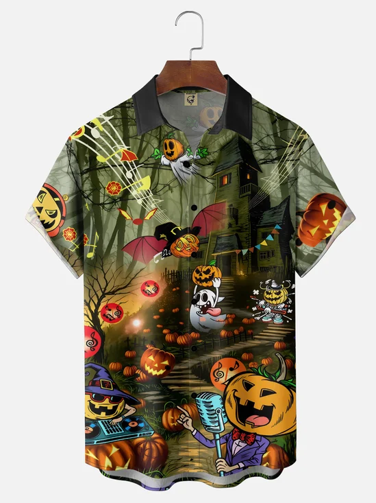 Moisture-Wicking Halloween Pumpkin Ghost Skull Print Chest Pocket Hawaiian Shirt