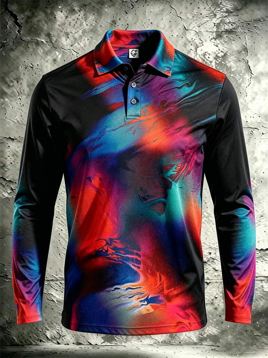 Moisture-Wicking Gradient 3D Abstract Geometric Long-Sleeve Hawaiian Golf Polo