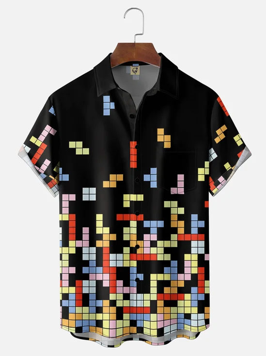 Moisture-Wicking Geometric Block Print  Chest Pocket Hawaiian Shirt