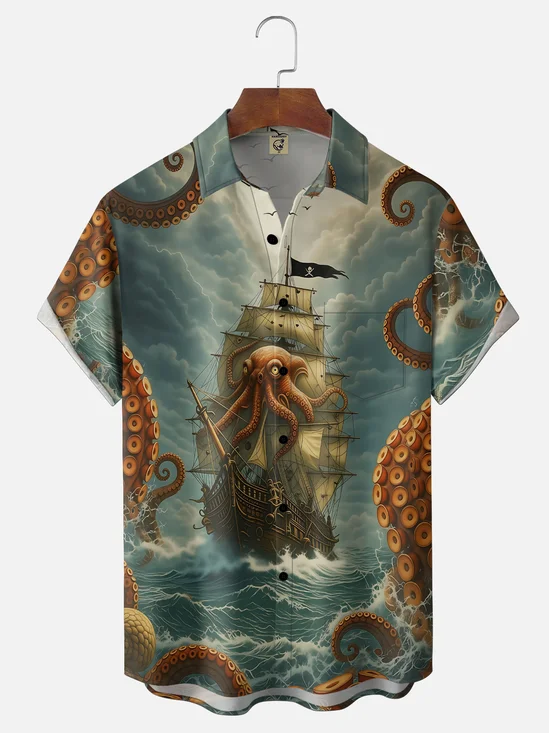 Moisture-Wicking Octopus & Pirate Ship Print Chest Pocket Hawaiian Shirt