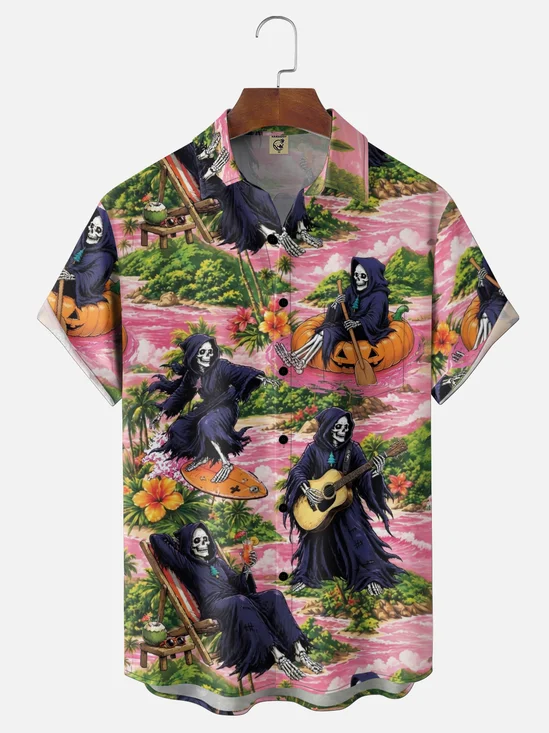 Moisture-Wicking Halloween Skeleton Pumpkin Boat Guitar Surfboard Print Chest Pocket  Hawaiian Shirt