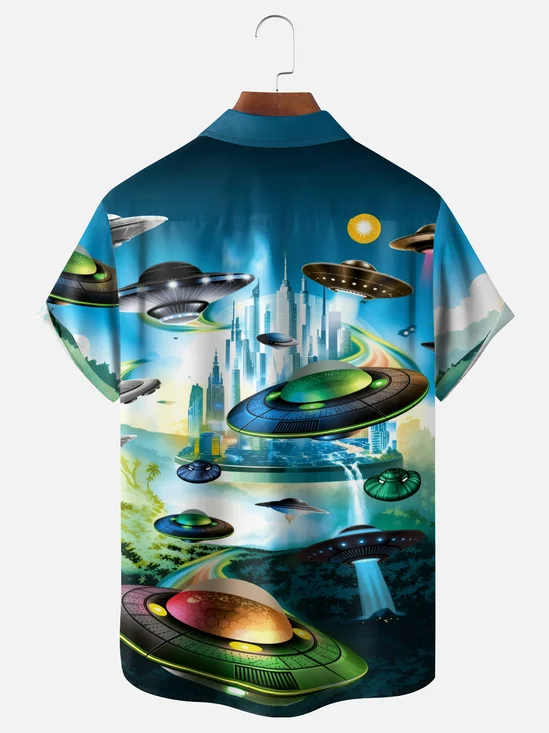 Moisture-Wicking Gradient Tech-Style Spaceship Chest Pocket Hawaiian Shirt