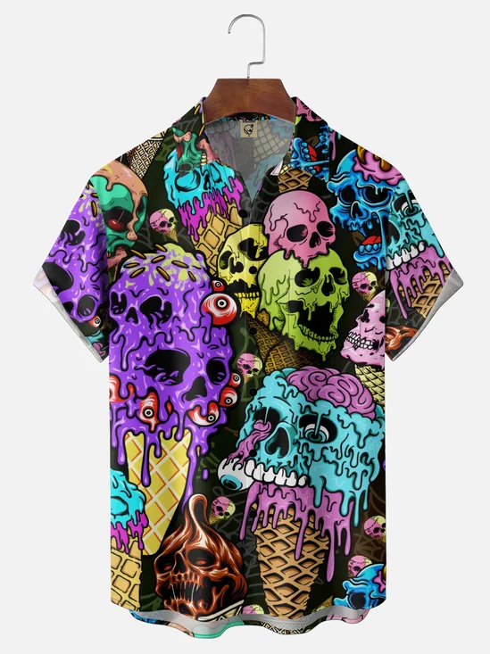 Moisture-Wicking Halloween Skull  Ice Cream Chest Pocket Hawaiian Shirt