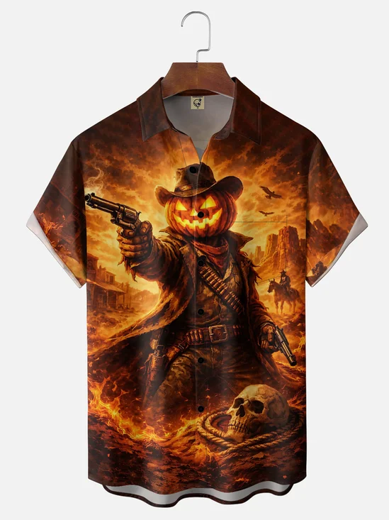 Moisture-Wicking Halloween Pumpkin Western Cowboy Chest Pocket Hawaiian Shirt