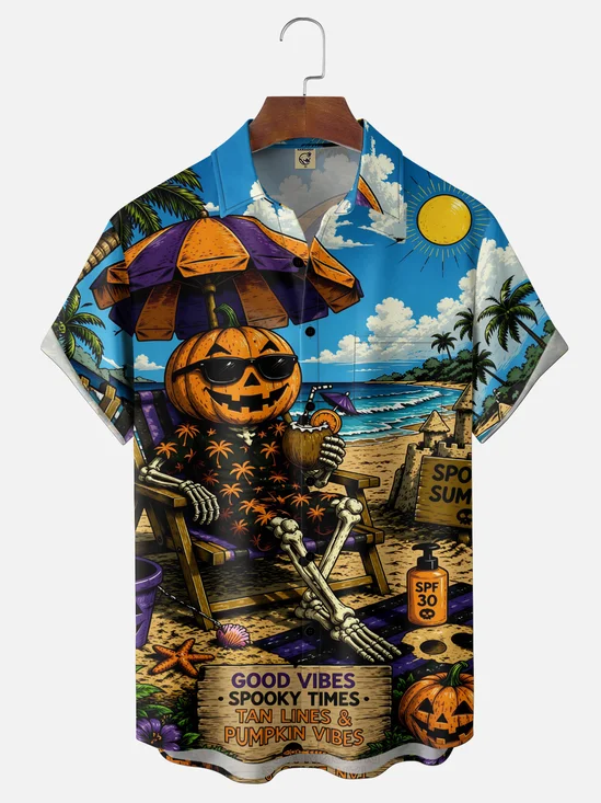 Moisture-Wicking Halloween Pumpkin Skull Perfect for Beach Vacations Chest Pocket Hawaiian Shirt