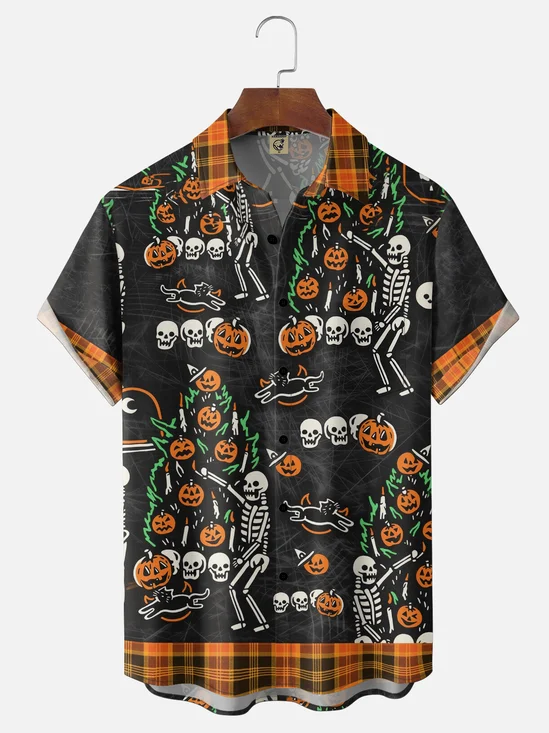 Moisture-Wicking Halloween Pumpkin & Skull  Chest Pocket Hawaiian Shirt