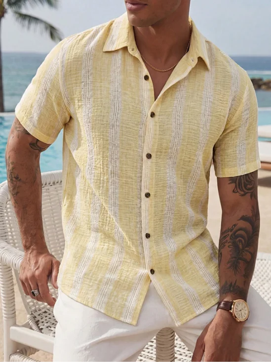 Linen-Texture Striped Geometric Casual Shirt