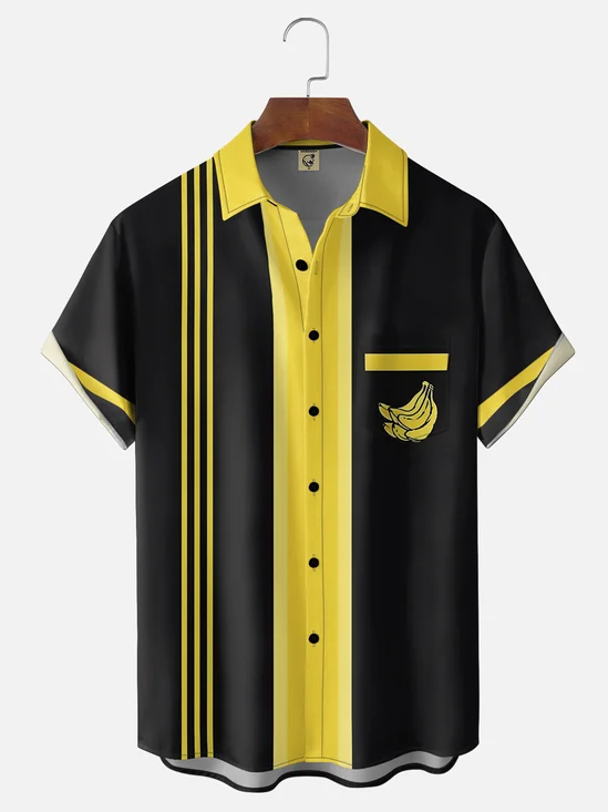 Moisture-Wicking Banana Print Chest Pocket Bowling Shirt