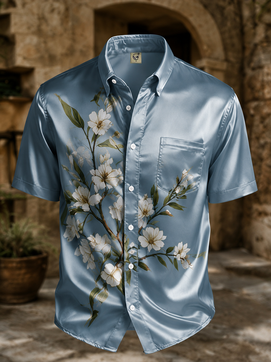 Breathable Silk Satin Vintage Botanical Leaf Floral Print and Chest Pocket Hawaiian Shirt