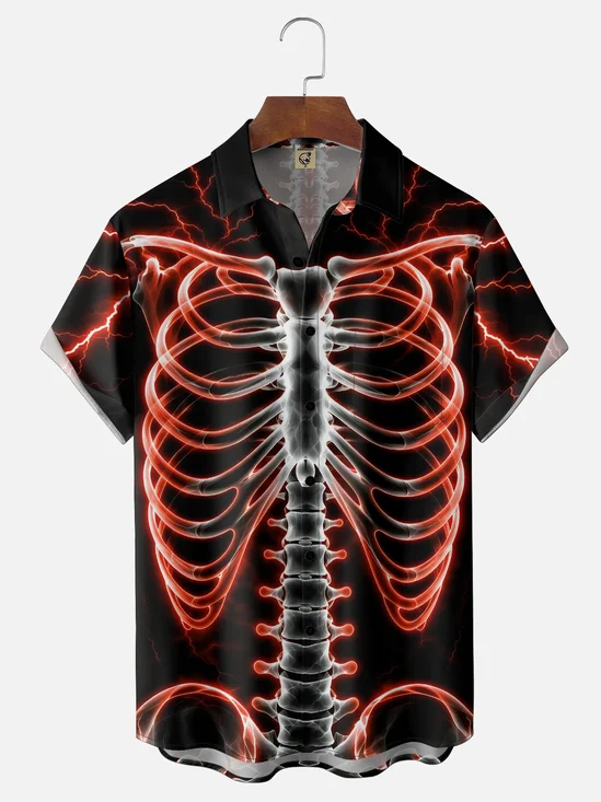 Moisture-Wicking Halloween Skull Chest Pocket Hawaiian Shirt