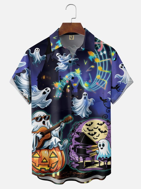 Moisture-Wicking Halloween Pumpkin Ghost and Guitar Music Party  Chest Pocket Hawaiian Shirt