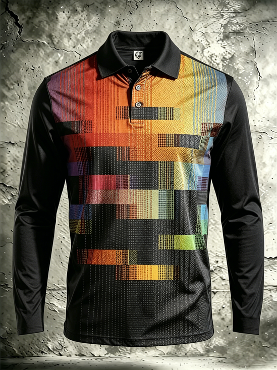 Moisture-Wicking Gradient 3D Abstract Geometric Long-Sleeve Hawaiian Golf Polo