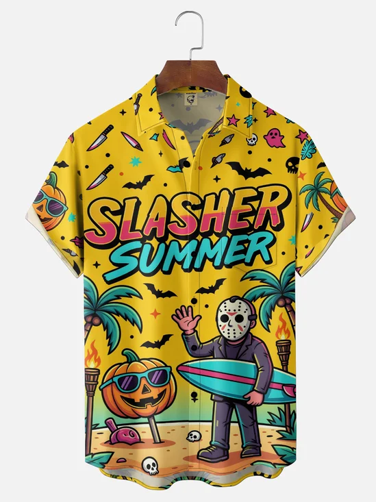 Moisture-Wicking Halloween Pumpkin Masked Figure Surfboard And Coconut Tree Print Chest  Pocket Hawaiian Shirt