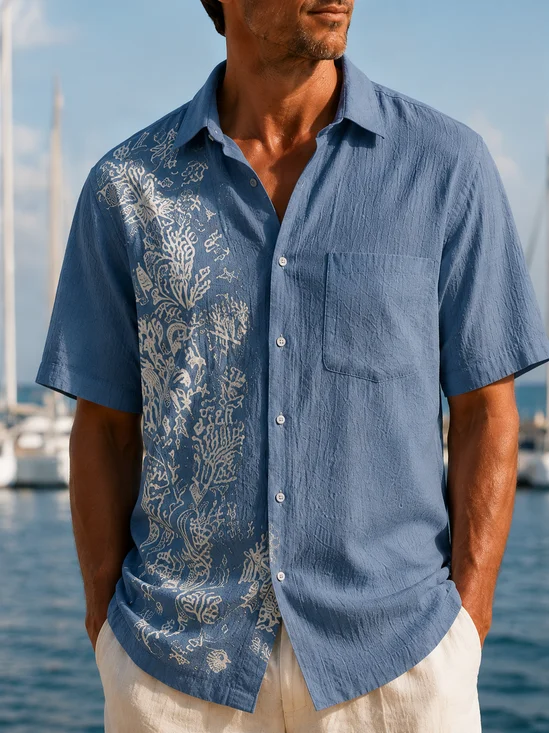 Linen-Texture Tropical Floral Print Chest Pocket Hawaiian Shirt
