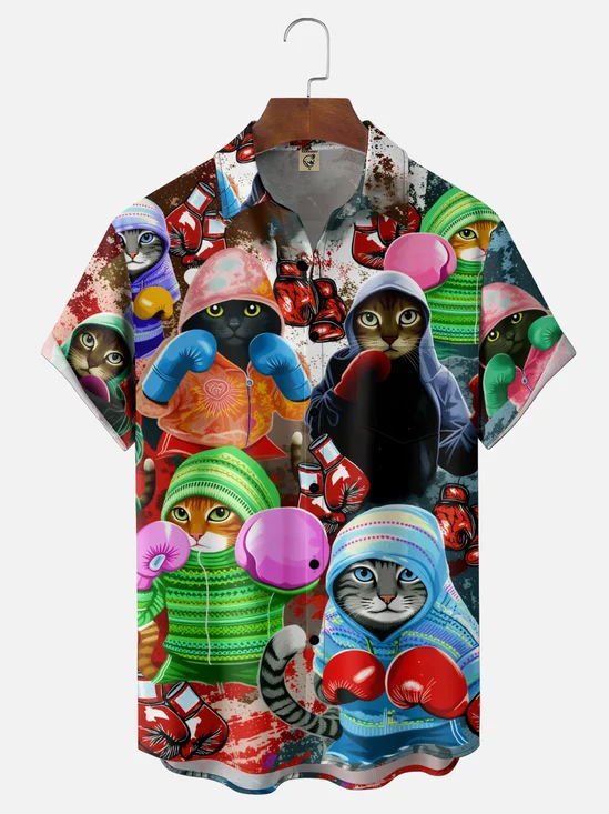 Moisture-Wicking  Fun Boxing Cat Print  Chest Pocket Hawaiian Shirt