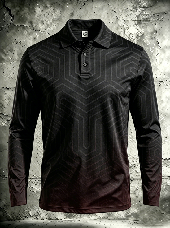 Moisture-Wicking Gradient 3D Abstract Geometric Long-Sleeve Hawaiian Golf Polo