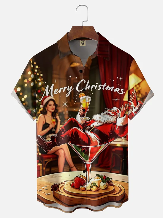 Moisture-Wicking Santa Claus Cocktail Beautiful Woman Chest Pocket Hawaiian Shirt