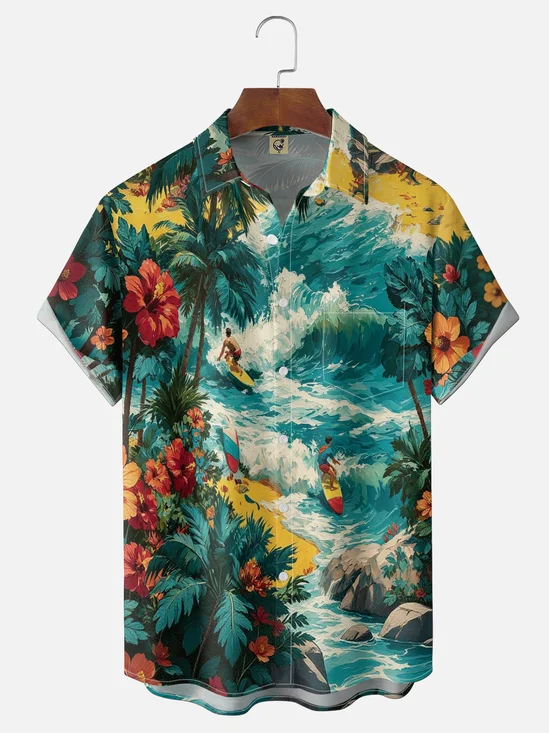 Moisture-Wicking Ocean Waves Surfing Palm Trees Chest Pocket Hawaiian Shirt