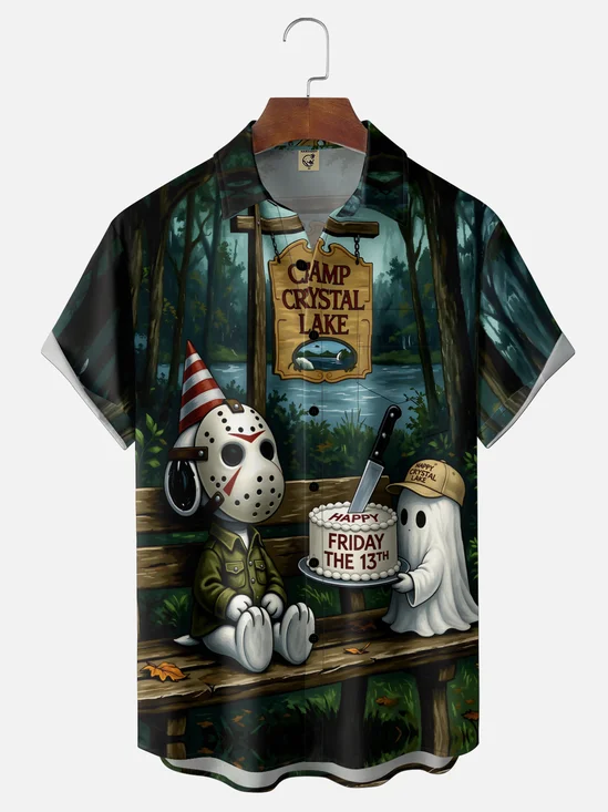 Moisture-Wicking Crystal Lake Camp Halloween Ghost Dog Chest Pocket Hawaiian Shirt