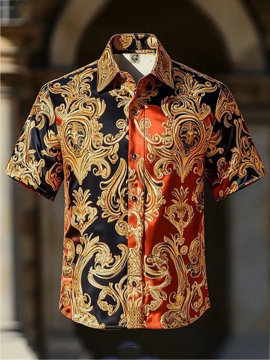 Silk Satin Breathable Ombré Effect Ethnic-Style Patterns Hawaiian Shirt