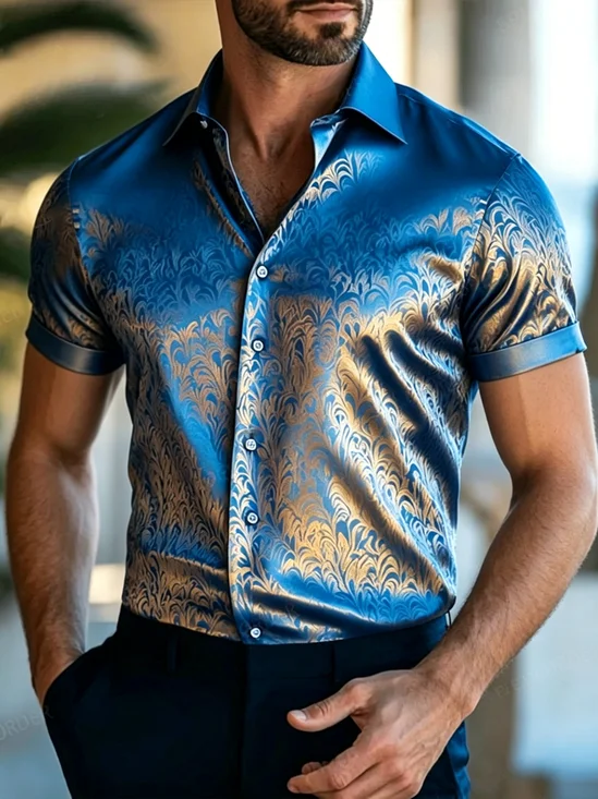 Silk Satin Breathable Ombré Effect and Ethnic-Style Patterns Hawaiian Shirt