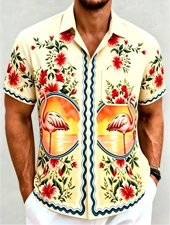 Moisture-Wicking Tropical Style Flamingo Flower Chest Pocket Hawaiian Shirt