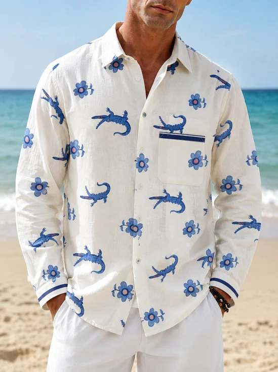 Linen-Texture White Lotus Resort Crocodile Floral Print  Chest Pocket Casual Long Sleeve Shirt