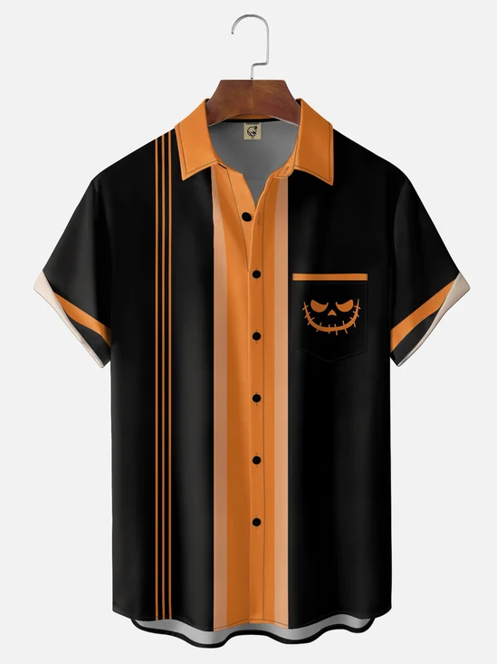 Moisture-Wicking Neon Halloween Ghost-Face Geometric Print Chest Pocket Bowling Shirt