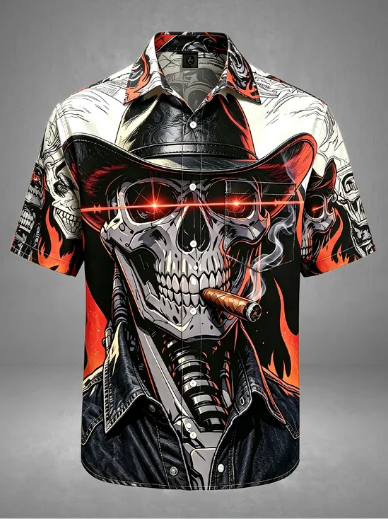 Moisture-Wicking Halloween Skull Chest Pocket Hawaiian Shirt