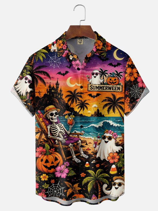 Moisture-Wicking Gradient Halloween Featuring Skulls Cocktails Ghosts Pumpkins And Beach Scenery  Chest Pocket  Hawaiian Shirt