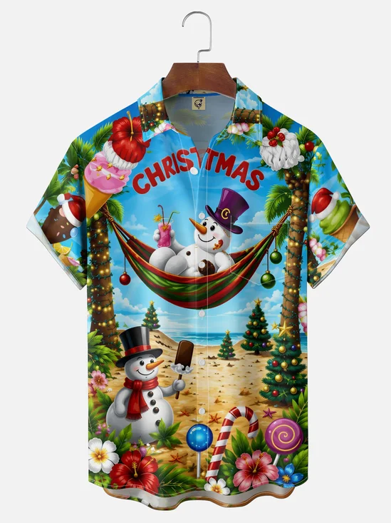 Moisture-Wicking Gradient-Color Christmas Theme Snowman Christmas Tree Candy Cane String Lights Chest Pocket  Hawaiian Shirt
