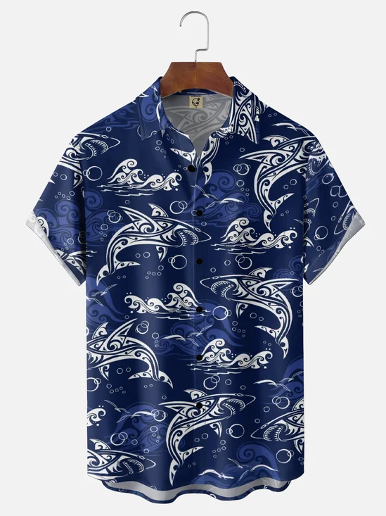 Moisture-Wicking Gradient Shark & ​​Geometric Print  Chest Pocket Hawaiian Shirt