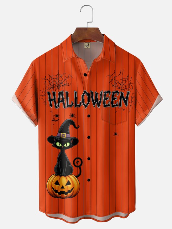 Moisture-Wicking Neon Halloween Featuring Ghosts Pumpkins Spiderwebs And Black Cats in Witch Hats  Chest Pocket Hawaiian Shirt