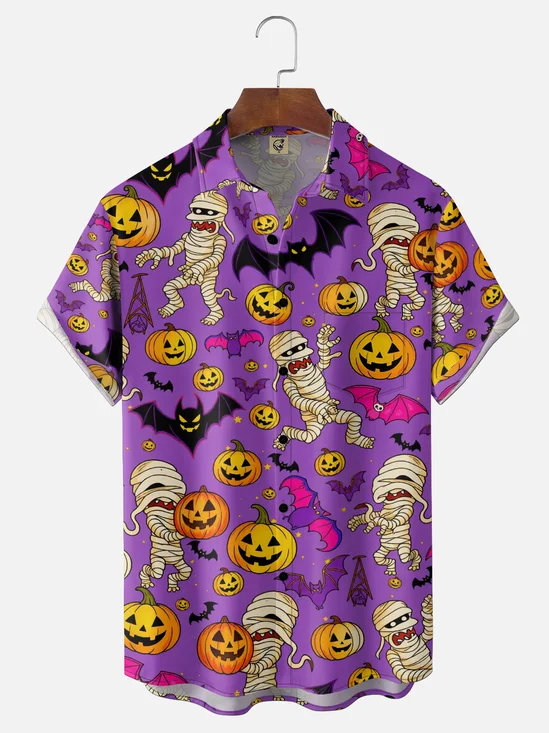 Moisture-Wicking Gradient Halloween Mummy Pumpkin And Bat Prints Chest Pocket Hawaiian Shirt