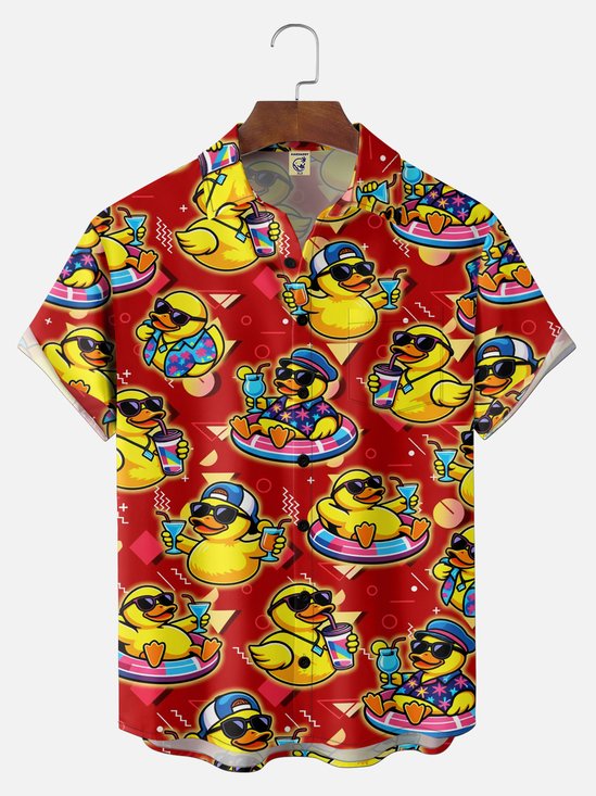 Big Size Moisture-Wicking Neon-Colored Little Yellow Duck & Cocktail Swim Ring Print Chest Pocket Hawaiian Shirt
