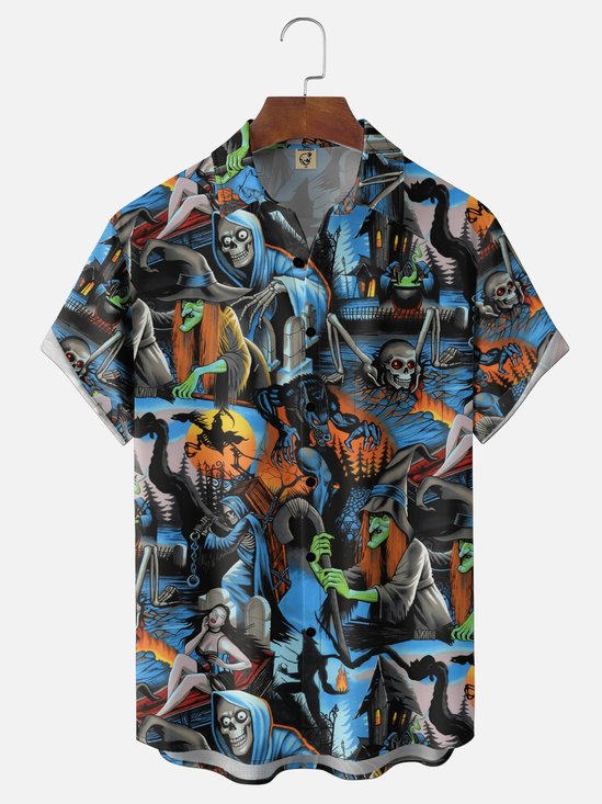 Moisture-Wicking Gradient Halloween Skull & Witch Hat Print Women's Chest Pocket Hawaiian Shirt