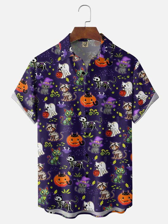 Moisture-Wicking Gradient Halloween Featuring Skull Cats Ghosts Halloween Hats And Pumpkins Chest Pocket  Hawaiian Shirt