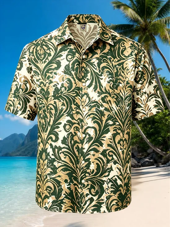 Moisture-Wicking Vintage Paisley Print Chest Pocket Hawaiian Shirt