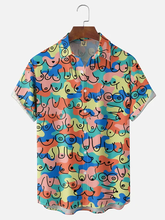 Moisture-wicking  Featuring An Abstract Line-Art Figure Design And A Ggeometric Chest Pocket Hawaiian shirt