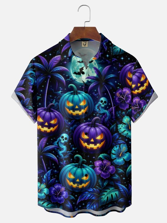 Moisture-Wicking Gradient Halloween  Pumpkin Palm Tree & Skull Print Chest Pocket Hawaiian Shirt
