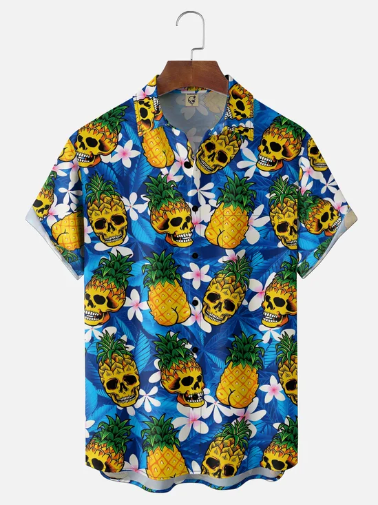 Moisture-Wicking  Featuring Gradient Colors And Quirky Prints Pineapple-Butt Skull And Leaf  Chest Pocket Hawaiian Shirt