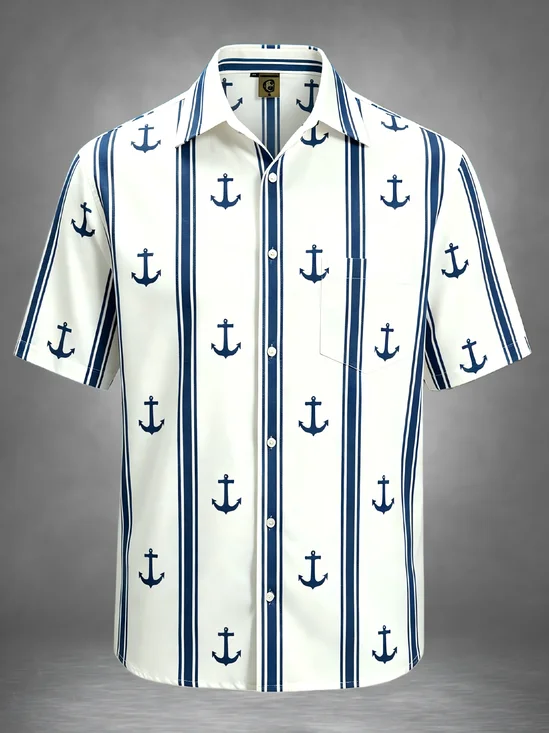 Moisture-Wicking Anchor Stripe Print Chest Pocket Hawaiian Shirt