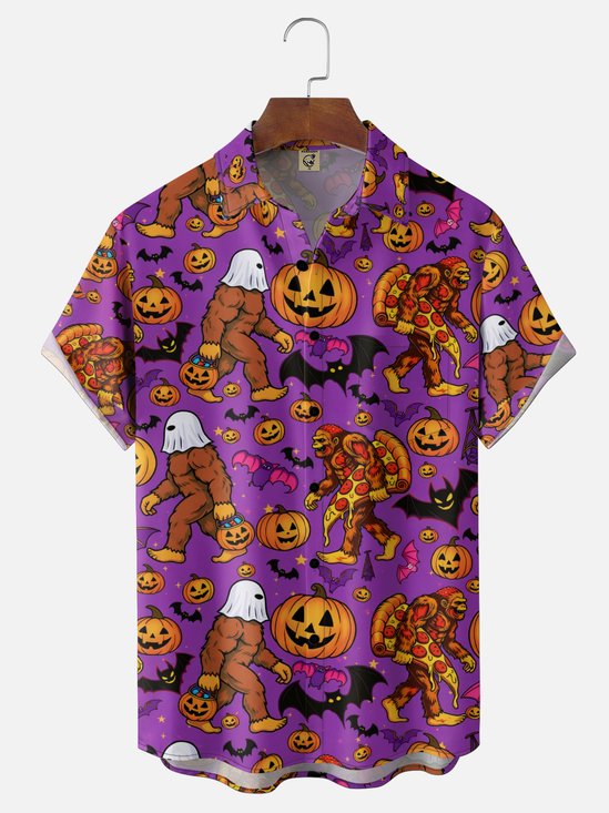 Moisture-Wicking Gradient Halloween Featuring Ghosts Bigfoot Bats And Pumpkins Chest Pocket  Hawaiian Shirt