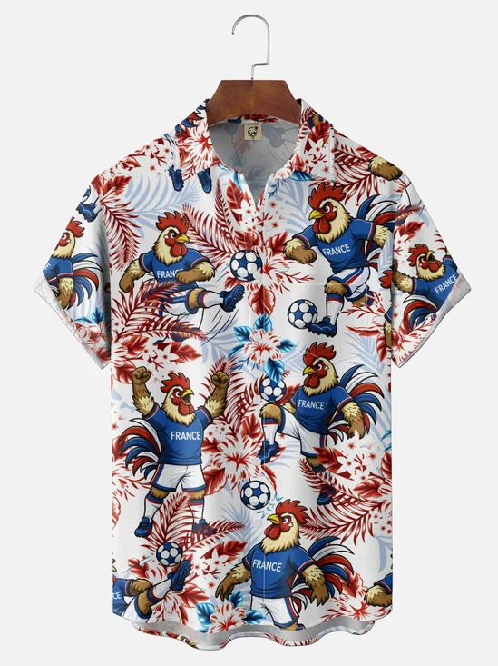 Moisture-Wicking Gradient Tropical Plant Floral Leaf Rooster Soccer Print Chest Pocket Hawaiian Shirt